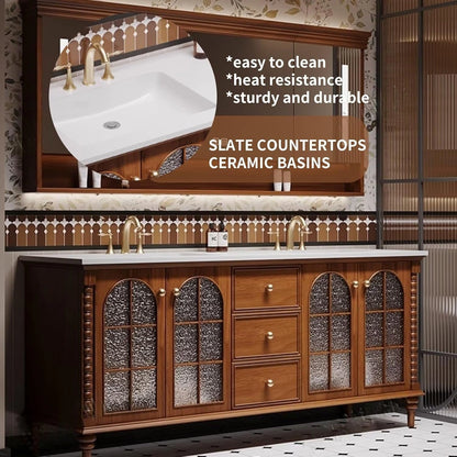 60” - 76” Retro Bathroom Vanity with Glass Door Design and Open Storage Rack