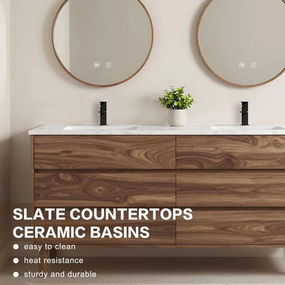 60” - 84” Free Standing Bathroom Vanity with Round Smart Defogging Mirror