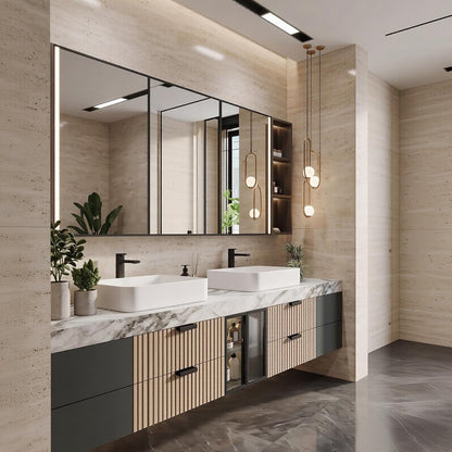 52''-110'' Floating Bathroom Vanity with Double Sink Includes Open Glass Shelves