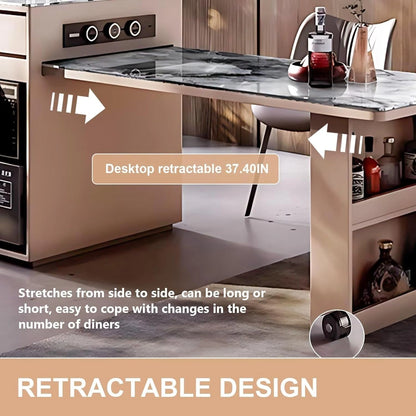 87” - 102” Grey Minimalist Kitchen Island Includes Striped Glass Cabinet (No Chair)