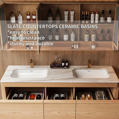 60” - 76” Brown Wood Bathroom Vanity with Hidden Handles Design & Ceramic Basin