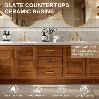 68” - 96” Wood Grain Bathroom Vanity with Exquisite Handle and Round Mirror