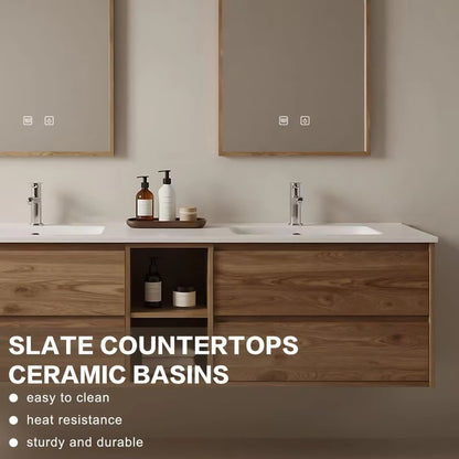 60” - 84” Simple Bathroom Vanity Includes Wood Grain Cabinet & Open Compartments