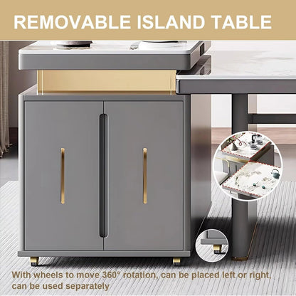 83” - 98” Light Luxury Kitchen Island with Gold Stripes Decoration (No Chair)