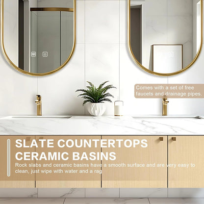 60” - 84” Symmetrical Bathroom Vanity Includes Rock Slab Ceramic Basin