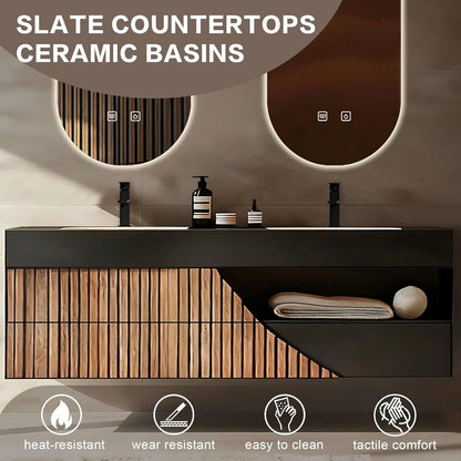 60” – 96” Modern Minimalist Bathroom Vanity with Wooden Strip Cabinet