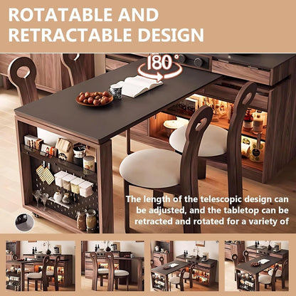 59” - 79” Brown Practical Kitchen Island with Various Storage Spaces & Rotatable Table (No Chair)