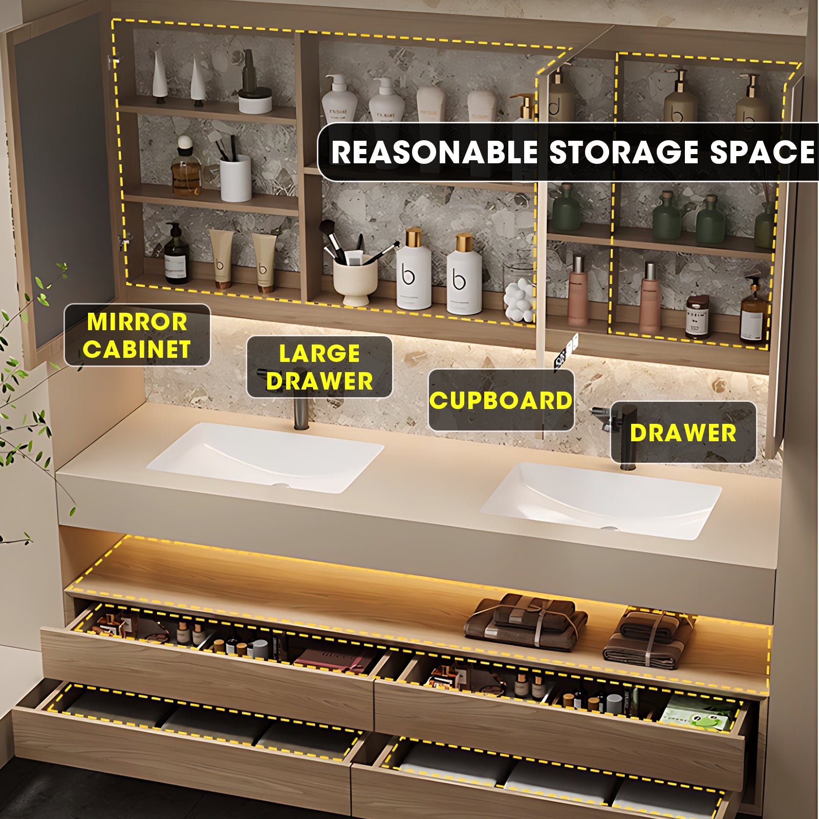 52"- 78" Double Basin Bathroom Vanity Set with 4 Drawers & Open Storage & LED Defogging Mirror Cabinet