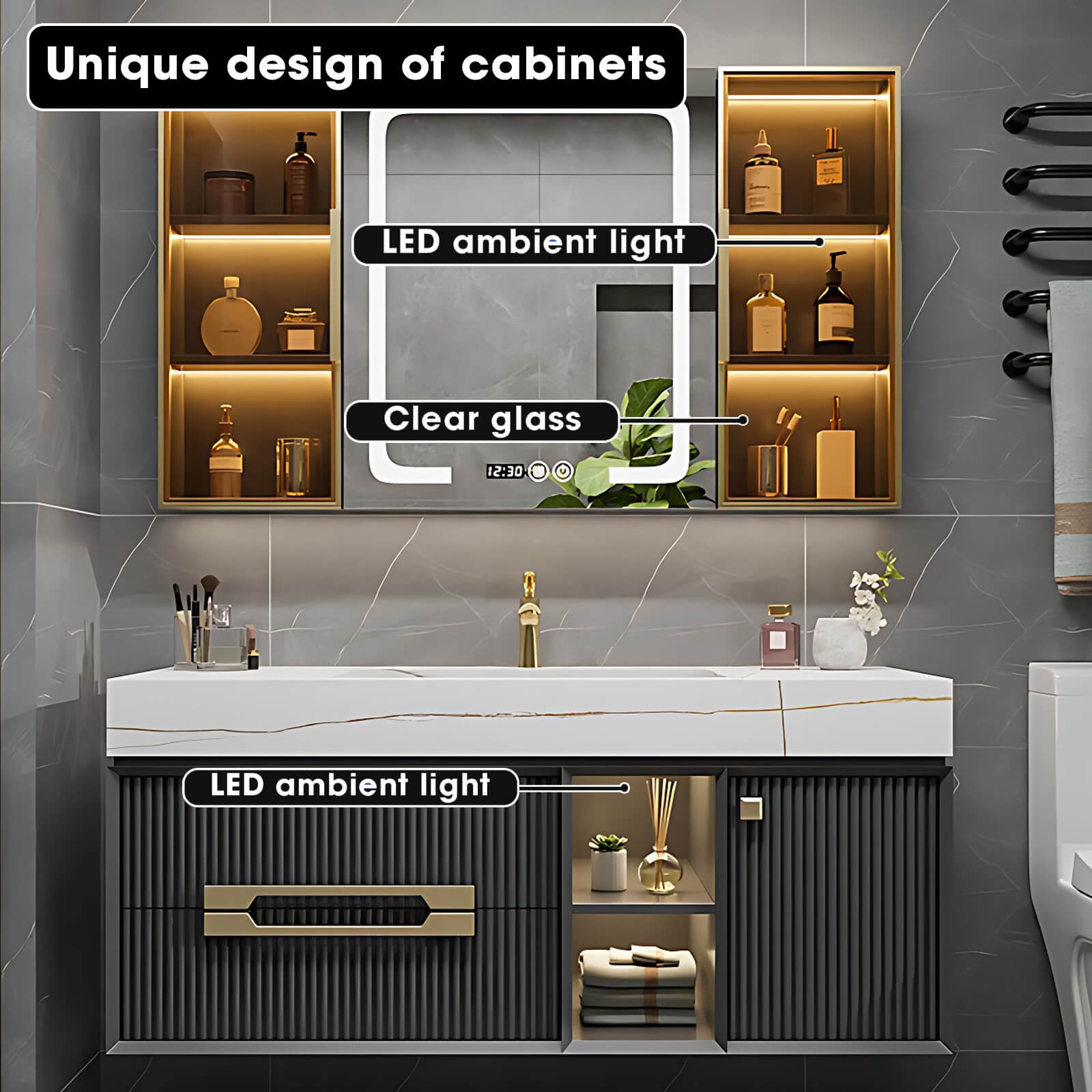 44"- 52" Floating Bathroom Vanity with Single Sink and Defogging Mirror Cabinet