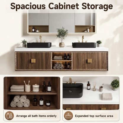 52‘’-110‘’ Floating Bathroom Vanity with Double Sinks Includes Walnut Wood Frame