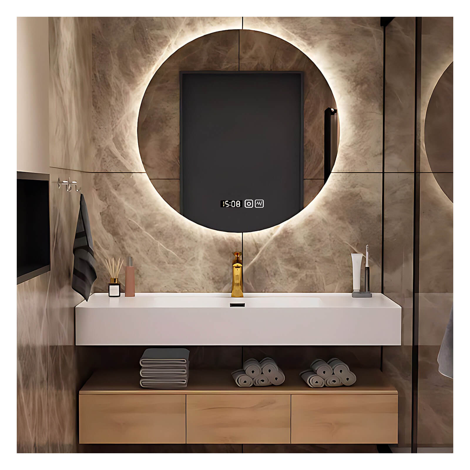 40"- 60" Wall Mount Bathroom Vanity Set with Backlit  Round Mirror and Single Sink