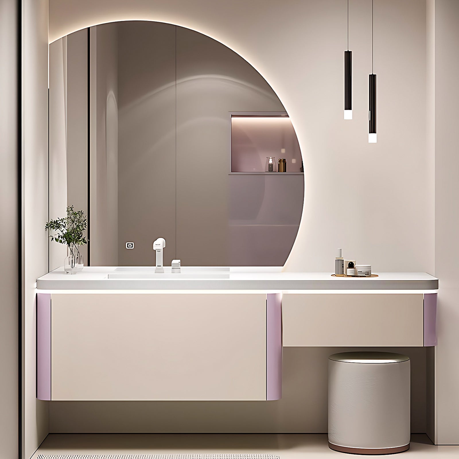 40"- 64" Modern Bathroom With White Floating  Single Sink Round Mirror