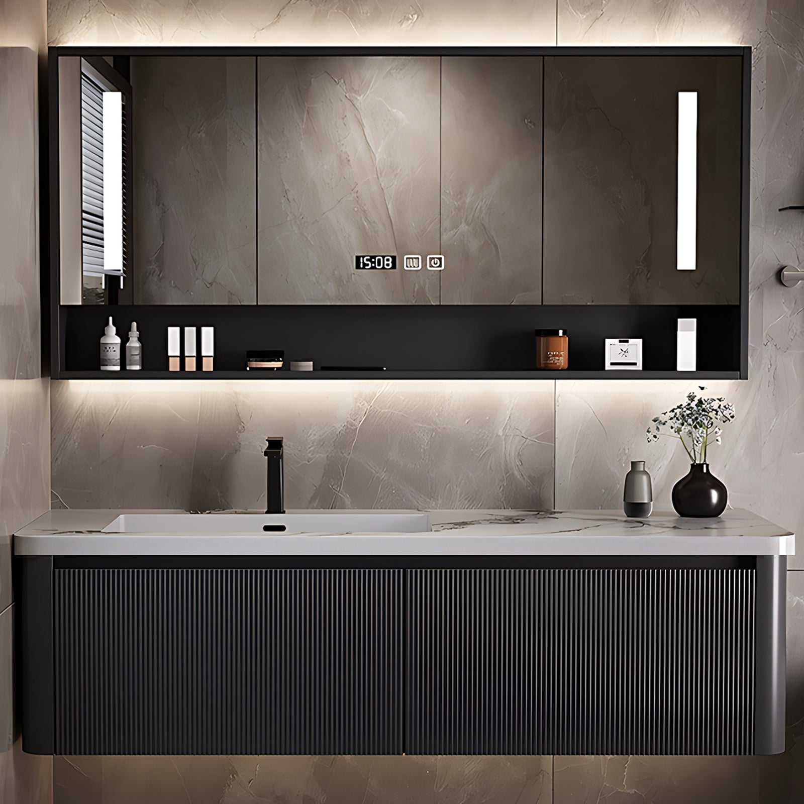 40"- 72" Wall Mounted Single Bathroom Vanity Set with LED Mirror Cabinet and Ceramic Basin