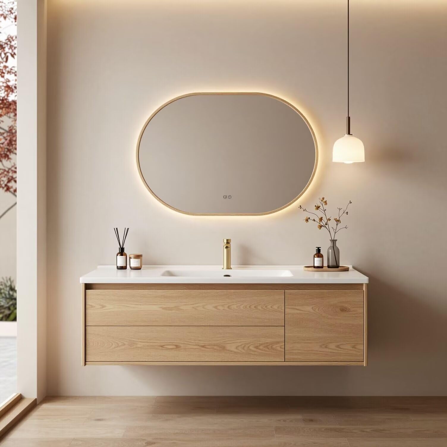40”-64”Double Sink Floating Vanity with LED Oval Mirror,Light Wood Cabinet
