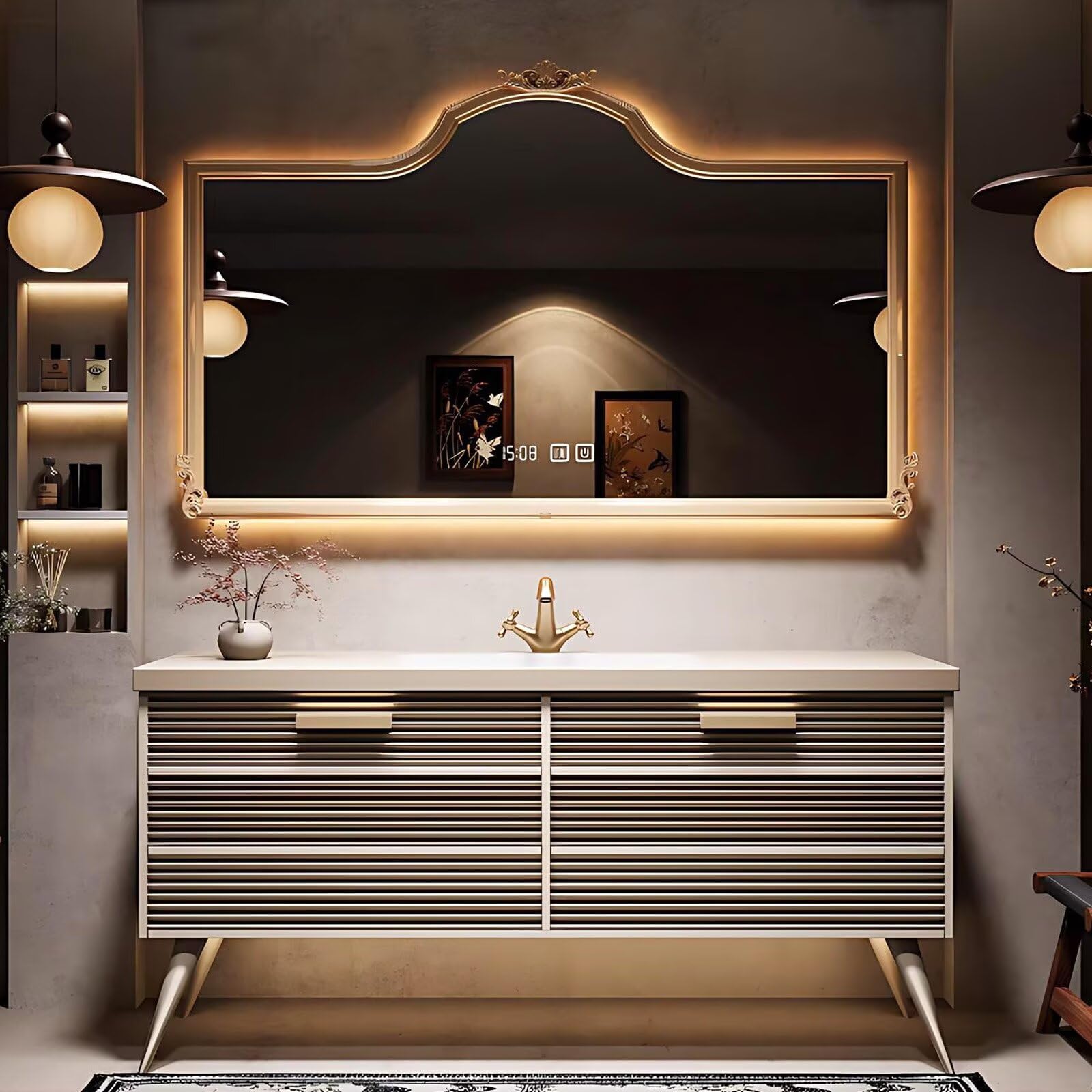 40”-64”Single Sink Freestanding Bathroom Vanity with Ornate LED Mirror, White Fluted Cabinet