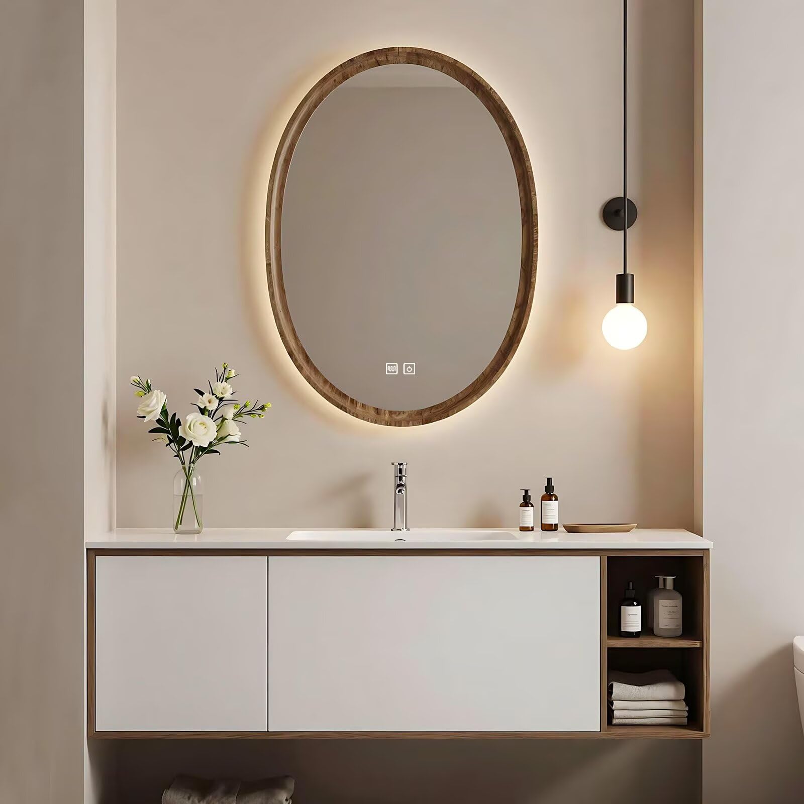40”-64”Floating Bathroom Vanity with Oval LED Defog Mirror, Wall Mounted White Vanity with Open Storage Shelf