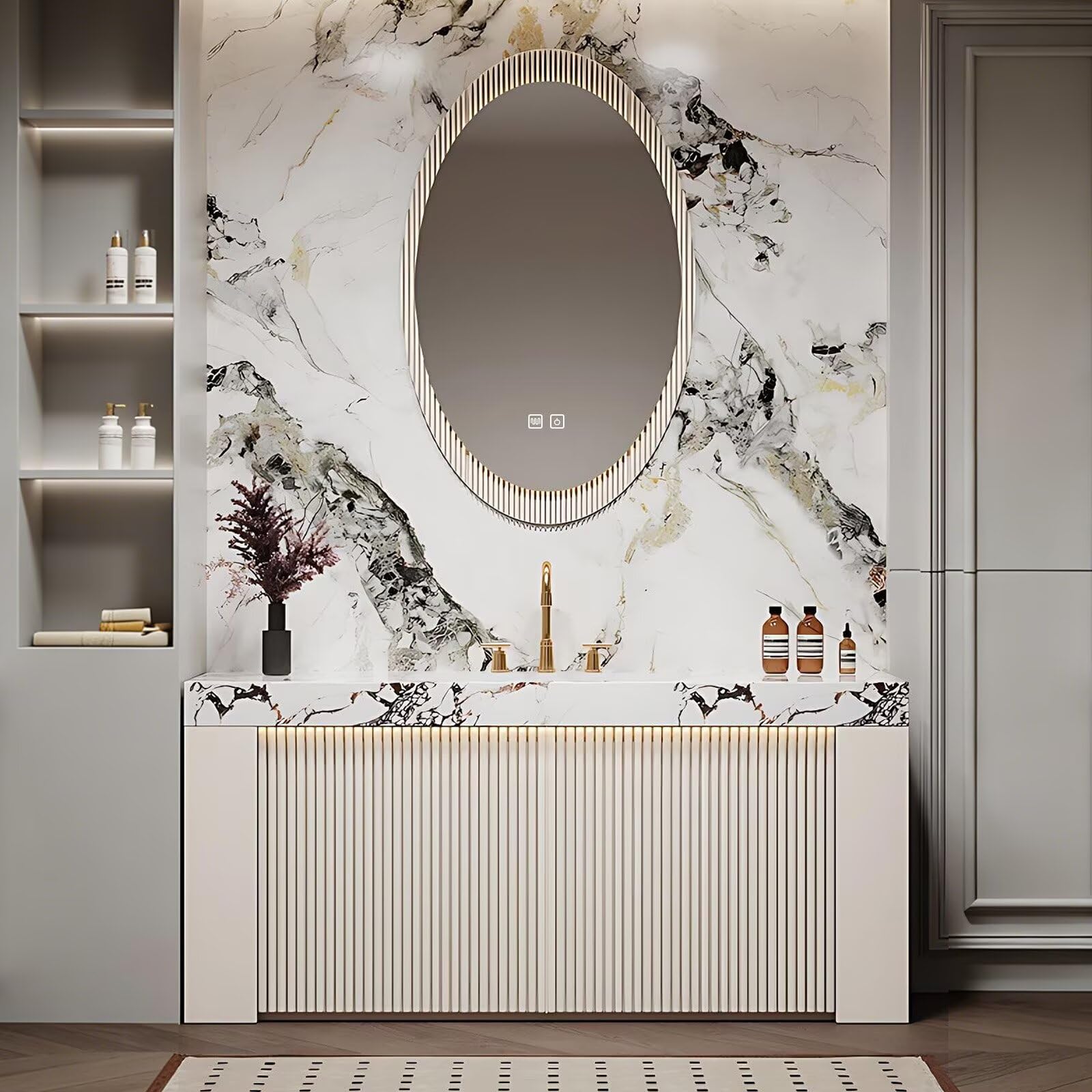 40”-64” Fluted Vanity, White Modern Cabinet with Marble Top & Oval LED Mirror