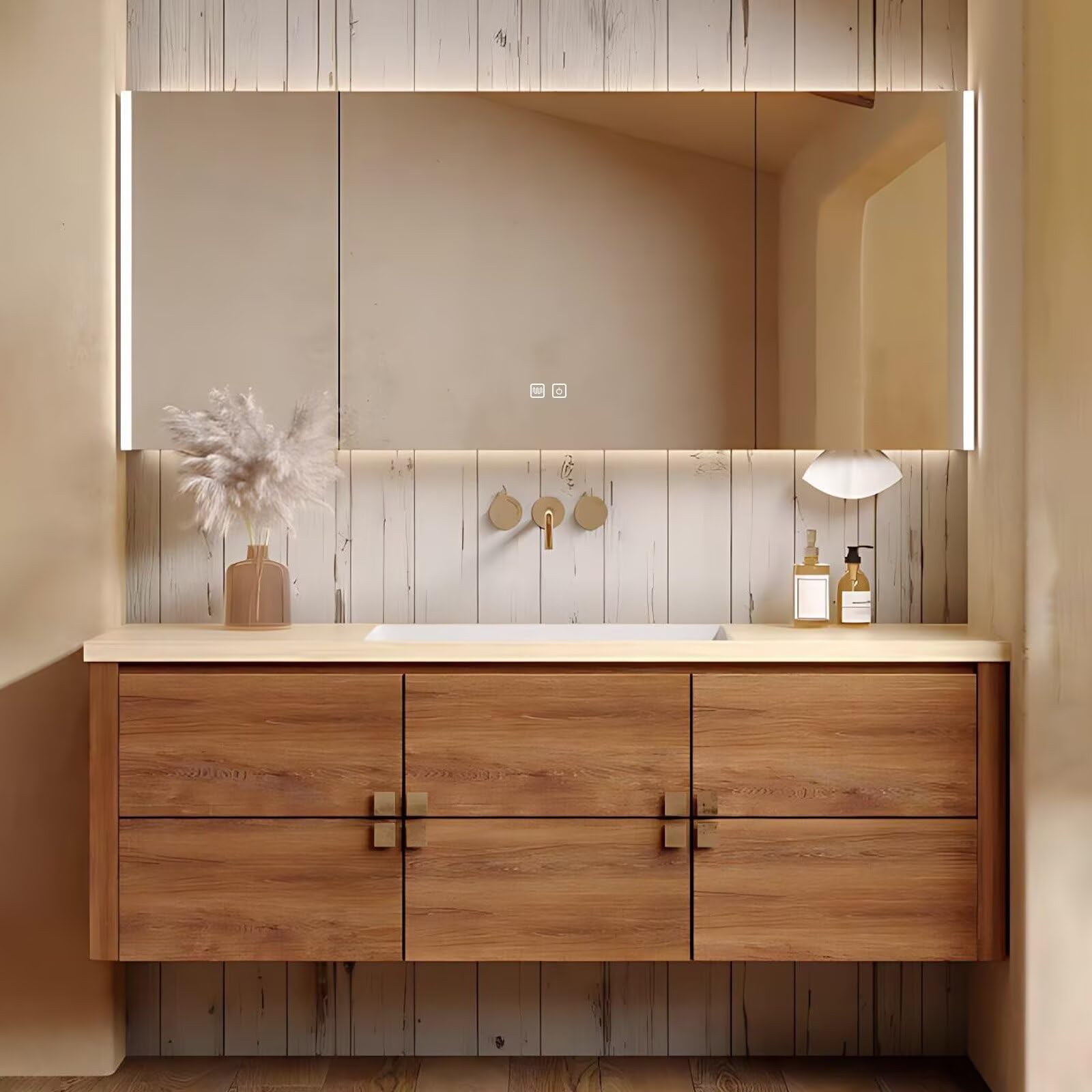 40”-64”Single Sink Floating Bathroom Vanity with LED Backlit Mirror, Light Oak Wood Cabinet