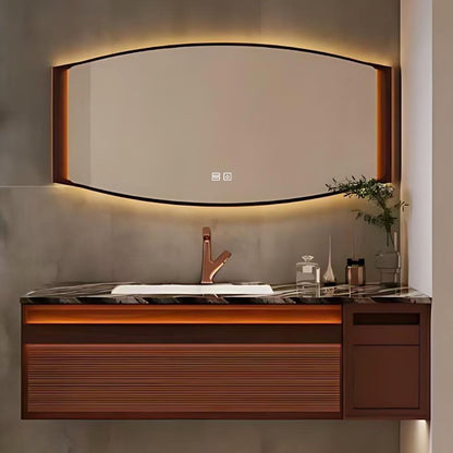40”-72” Floating Bathroom Vanity with Curved LED Defog Mirror, Wall Mounted Walnut Vanity with Marble Top & Storage Drawers