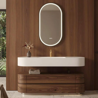 40”-64”Floating Bathroom Vanity with Oval LED Defog Mirror, Wall Mounted Walnut Wood Vanity with Integrated Sink & Storage Drawers