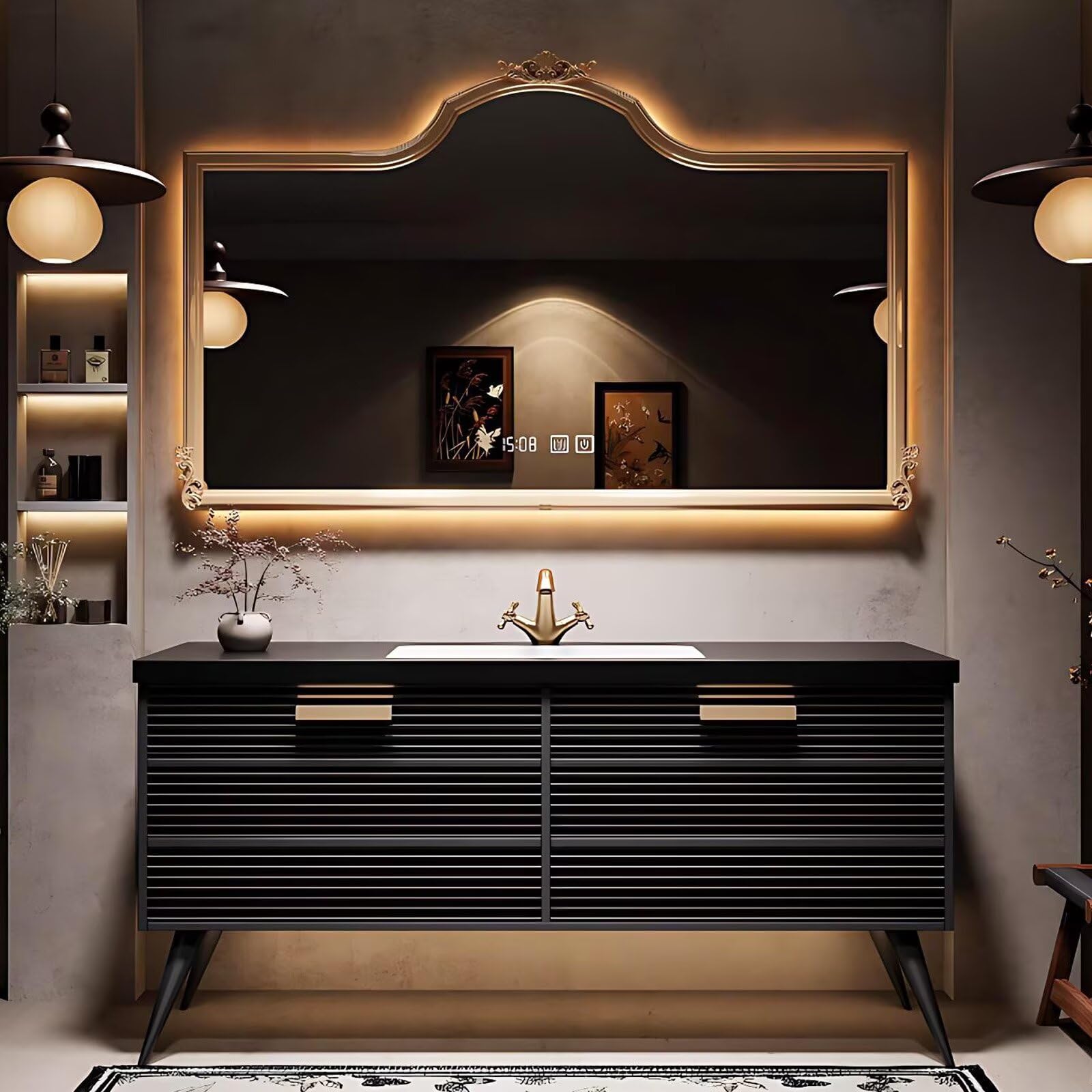40”-64”Single Sink Freestanding Bathroom Vanity with Ornate LED Mirror, Black Fluted Cabinet