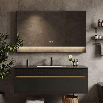 40”-64”Double Vanity, Black Floating Cabinet with LED Mirror Cabinet & Open Shelf