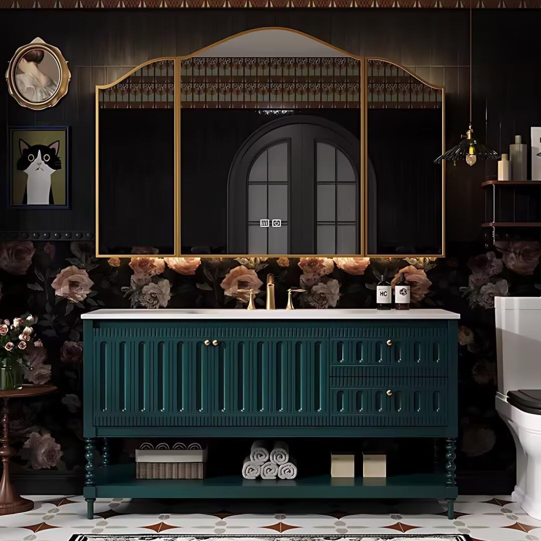 40"-68"Vintage Style Bathroom Vanity with Marble Top & Gold Hardware, Mid-Century