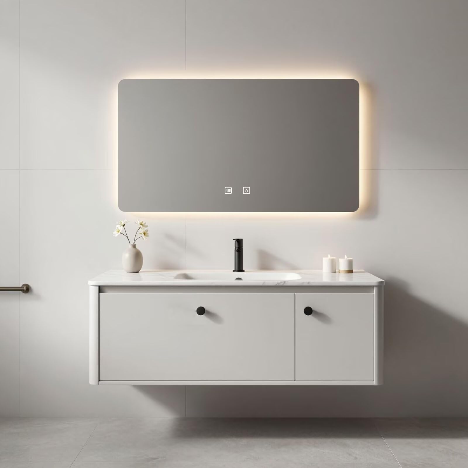 40"-64"Modern White Floating Bathroom Vanity Set with Marble Top & LED Mirror