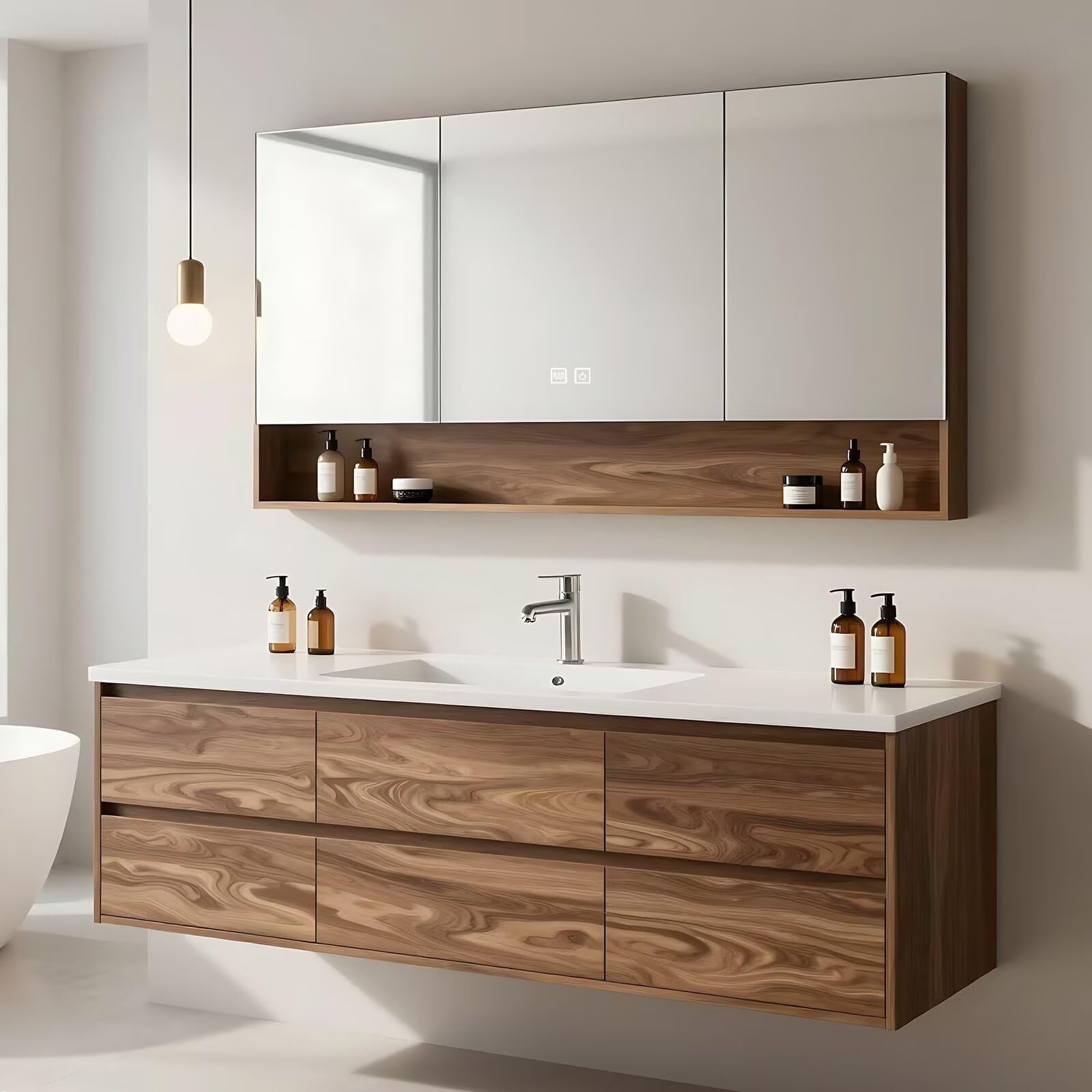 40”-64”Floating Bathroom Vanity with LED Mirror Cabinet, Wall Mounted Walnut Wood Vanity with Storage Drawers & Open Shelf