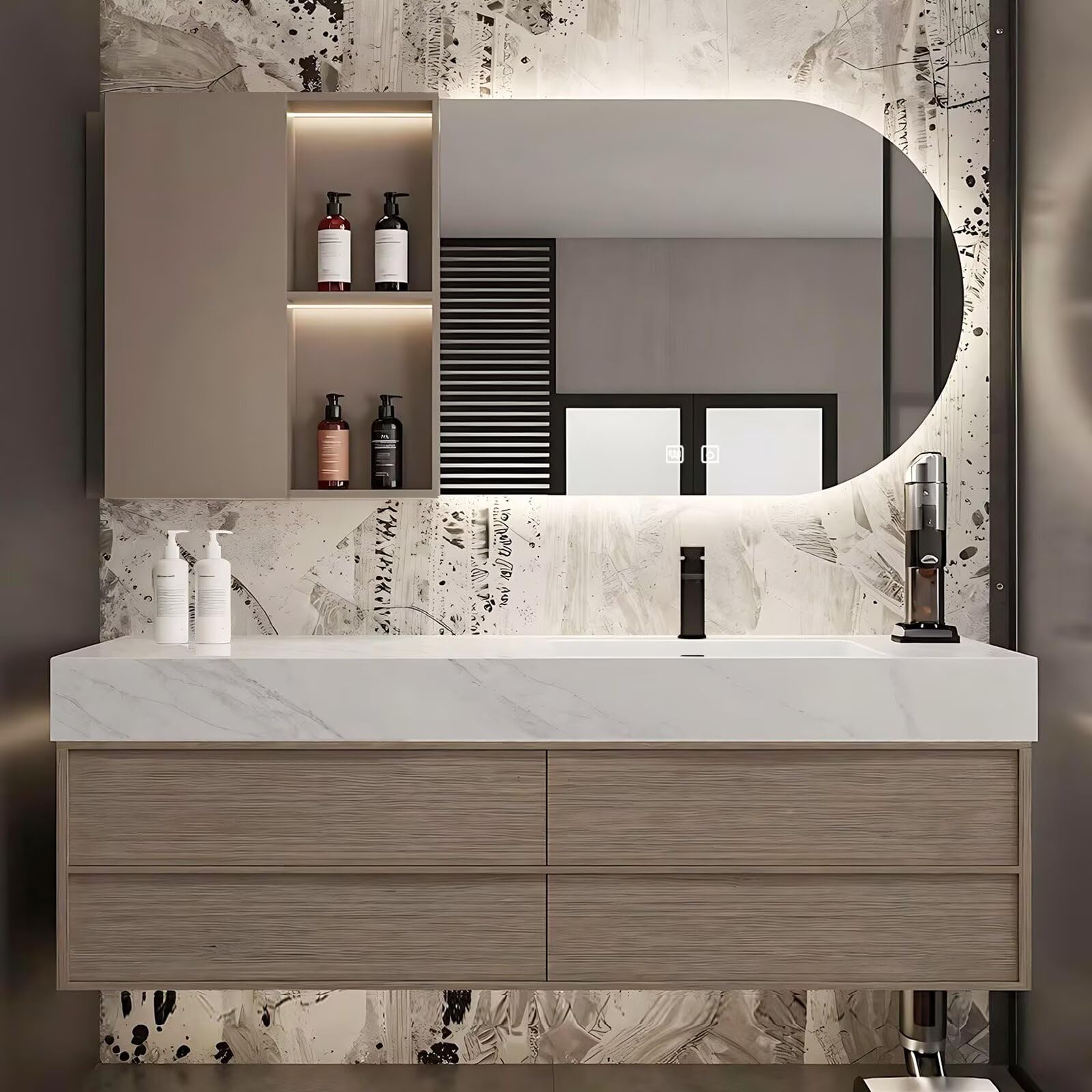 40”-72”Floating Bathroom Vanity with Asymmetrical LED Mirror & Open Shelf, Light Oak Wall Mounted Vanity with Marble Top