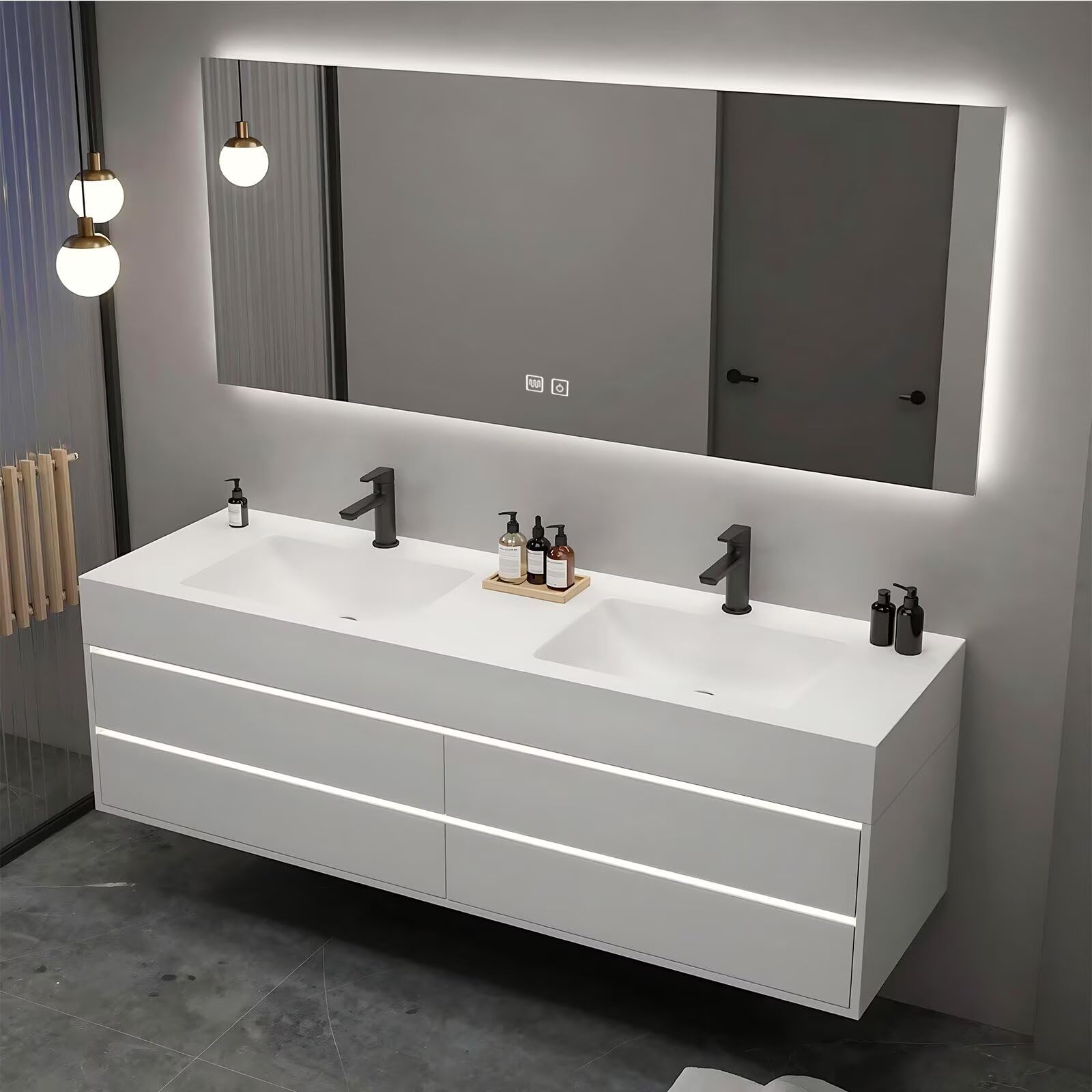 40”-64” Double Sink Floating Bathroom Vanity with LED Backlit Mirror, Wall Mounted White Vanity with Storage Drawers