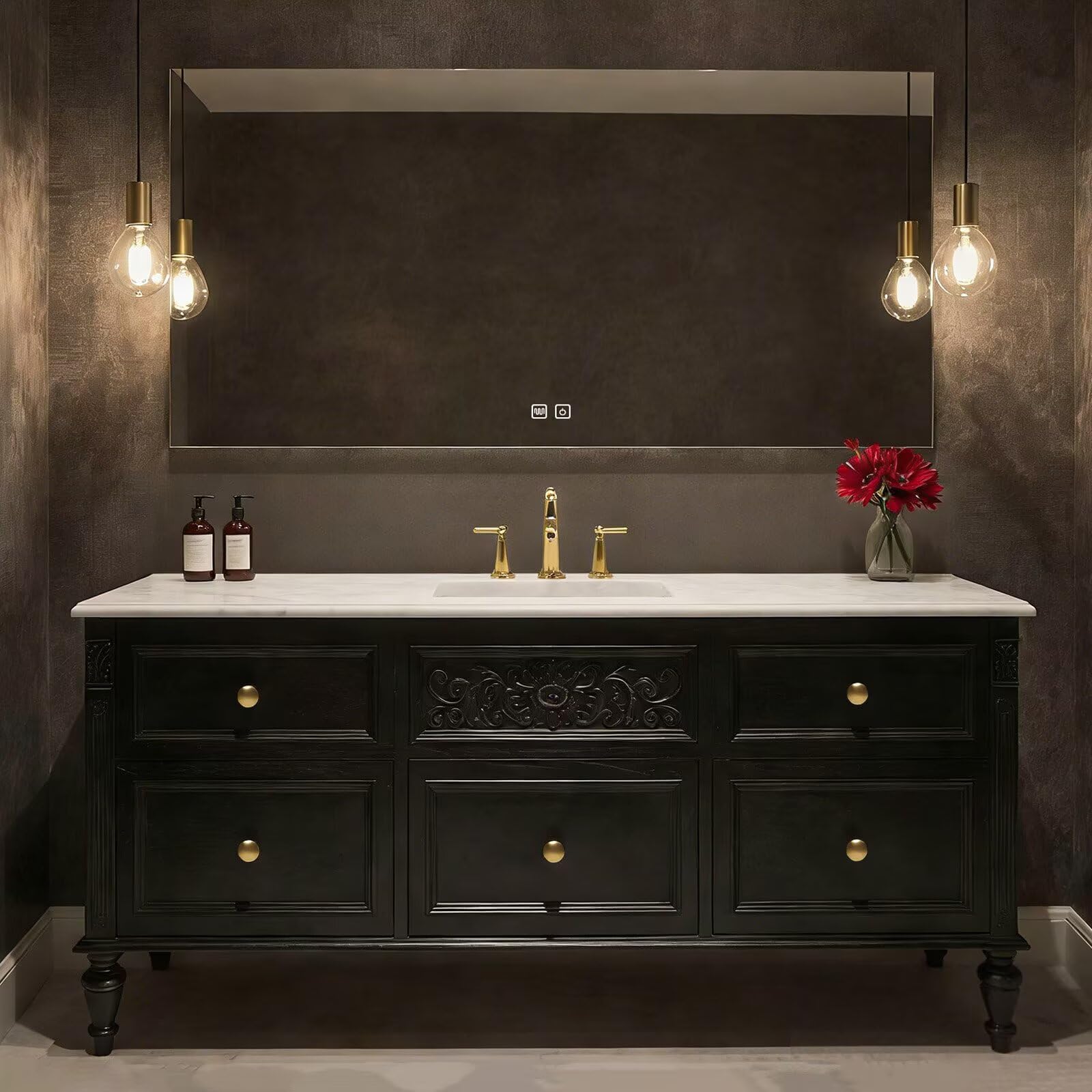 40”-64”Single Sink Freestanding Bathroom Vanity, Black Carved Cabinet with Gold Hardware