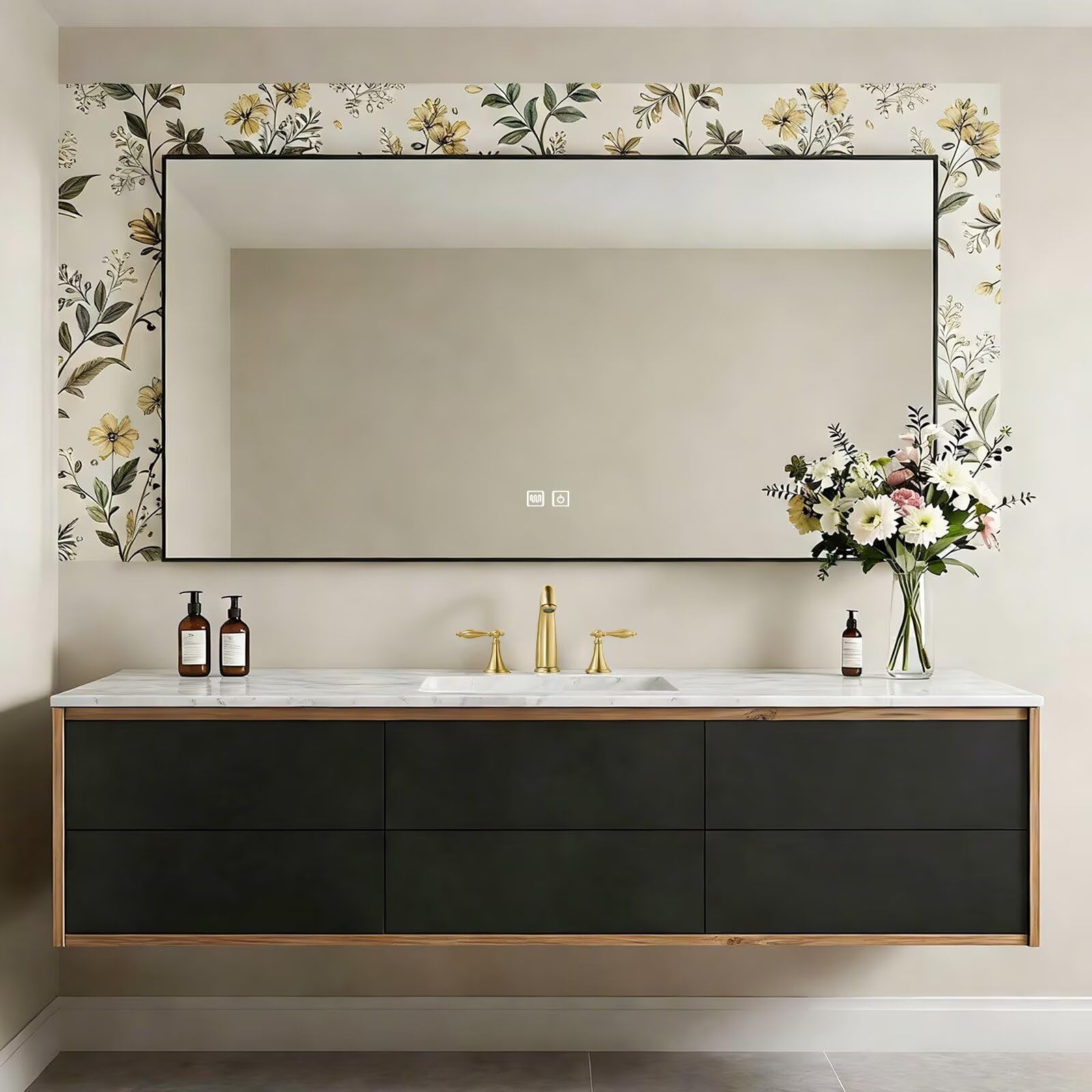 40”-64”Double Sink Floating Bathroom Vanity, Light Oak Wall Mounted Vanity with White Marble Top & Gold Hardware