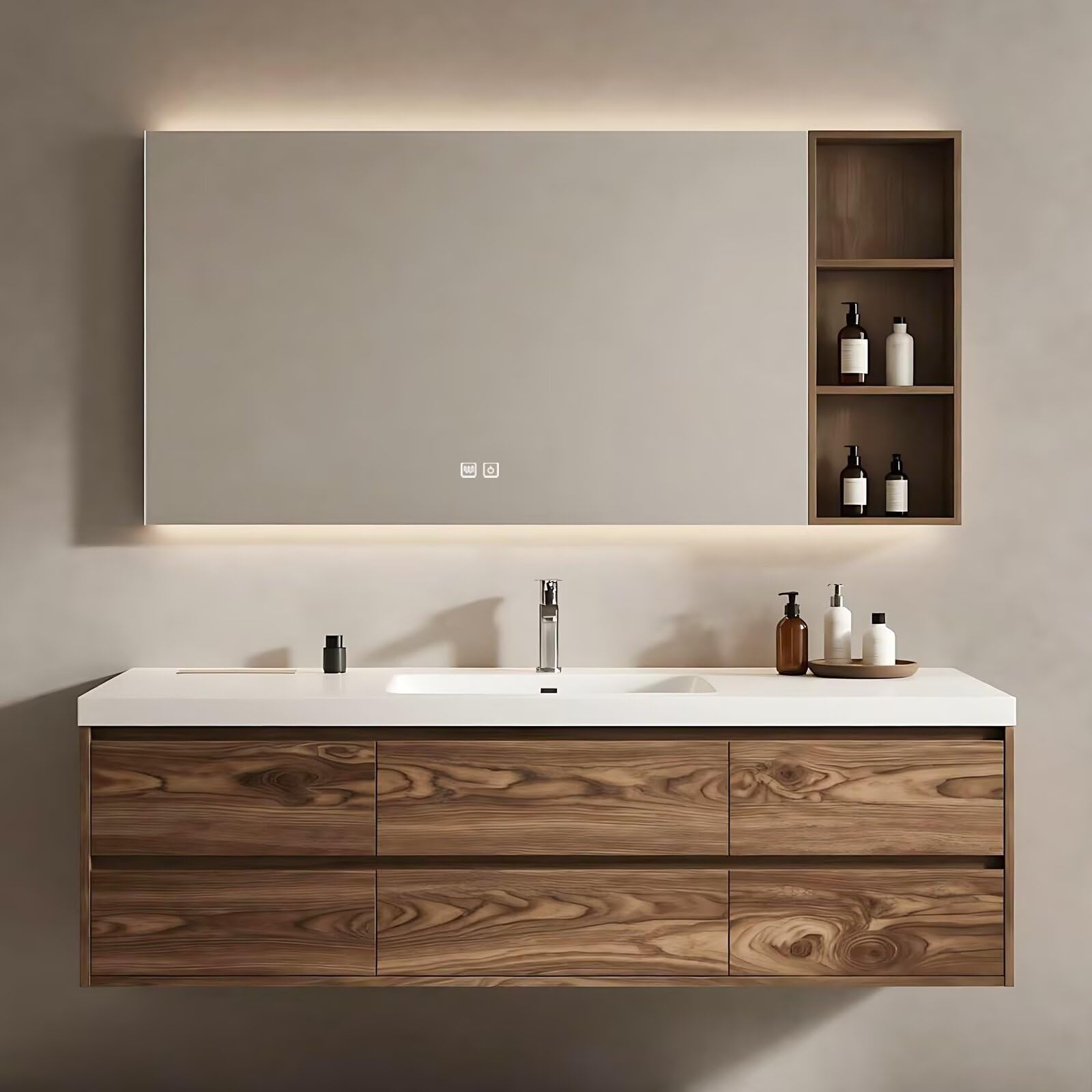 40”-64” Floating Double Sink Bathroom Vanity with LED Defog Mirror, Wall Mounted Wood Vanity Combo with Storage Drawers & Open Shelf