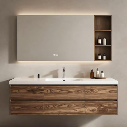 40”-64” Floating Double Sink Bathroom Vanity with LED Defog Mirror, Wall Mounted Wood Vanity Combo with Storage Drawers & Open Shelf