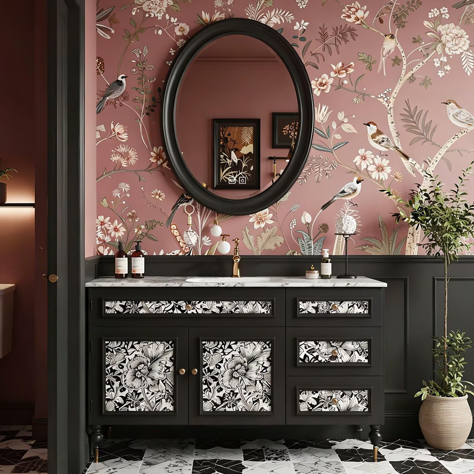 40”-64”Freestanding Bathroom Vanity with Oval Black Mirror, Black Wood Vanity with Marble Top & Floral Inlay