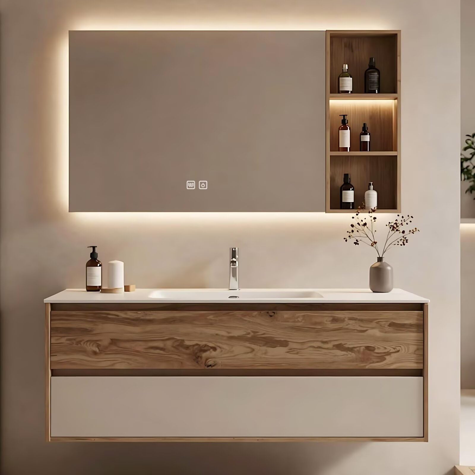 40”-64”Floating Bathroom Vanity with LED Backlit Mirror & Open Shelf, Walnut Wood Wall Mounted Vanity with White Top