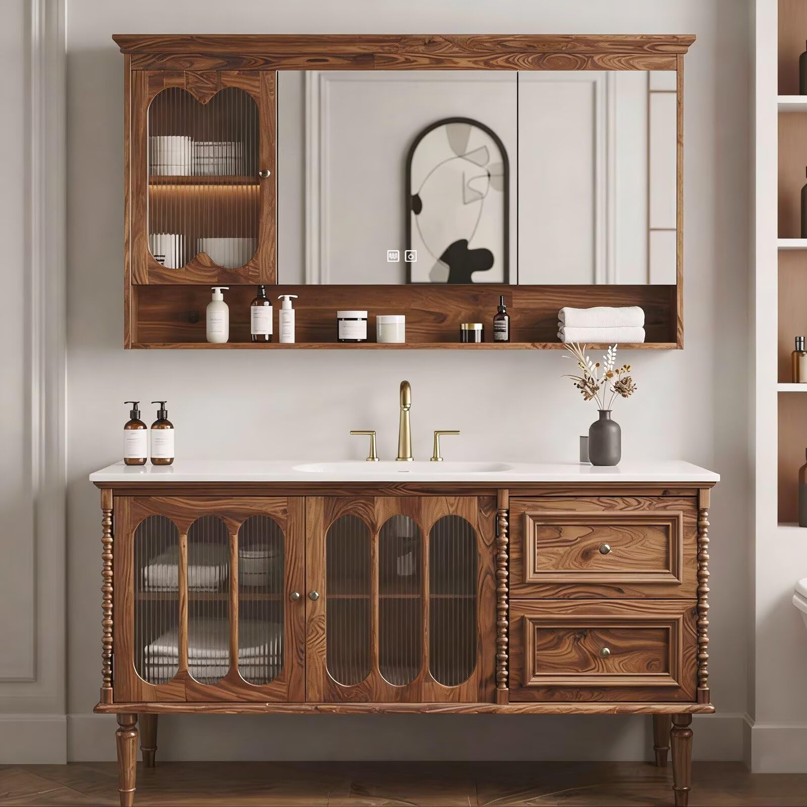 40”-64”Freestanding Bathroom Vanity with Mirror Cabinet, Solid Wood Vintage Vanity with Glass Doors & Storage Drawers