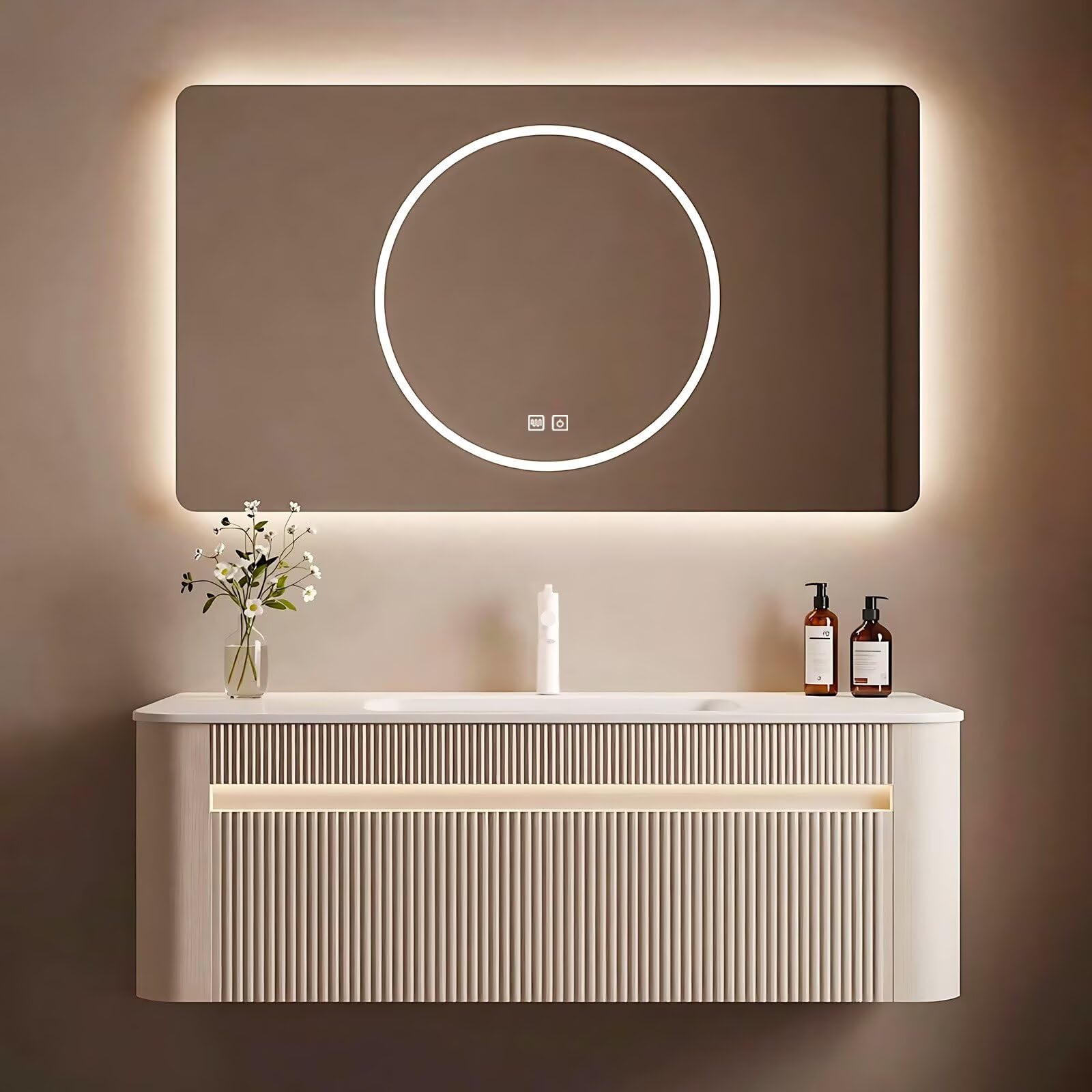 40”-64” Floating Bathroom Vanity with LED Round Defog Mirror, Wall Mounted Cream White Vanity Combo with Storage Drawers, Modern Cabinet