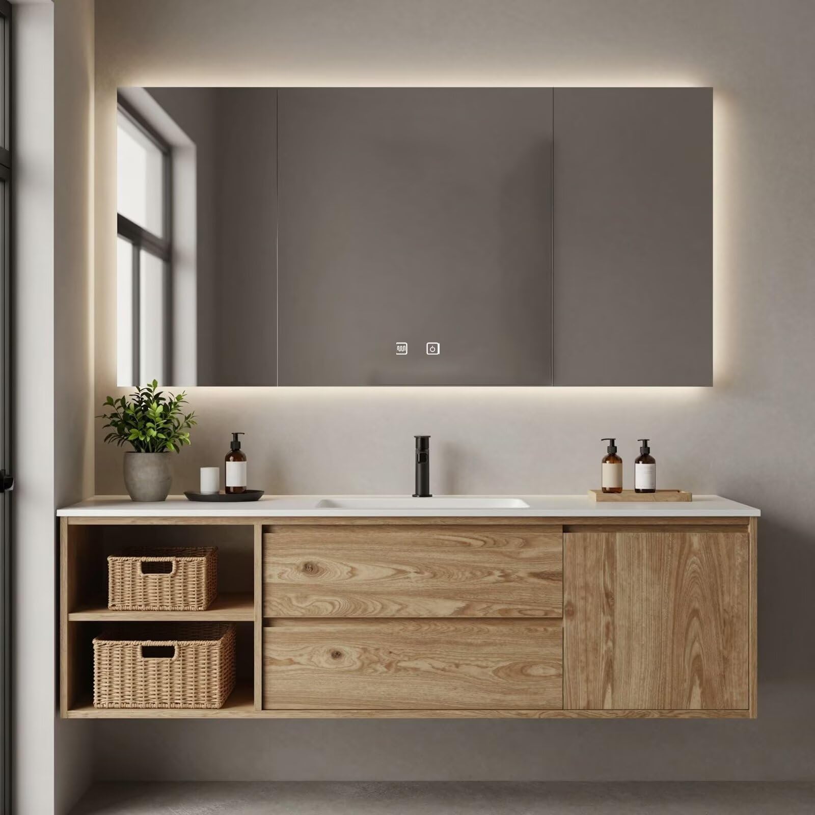 40"-64"Floating Oak Bathroom Vanity with Open Shelf & LED Backlit Mirror Cabinet