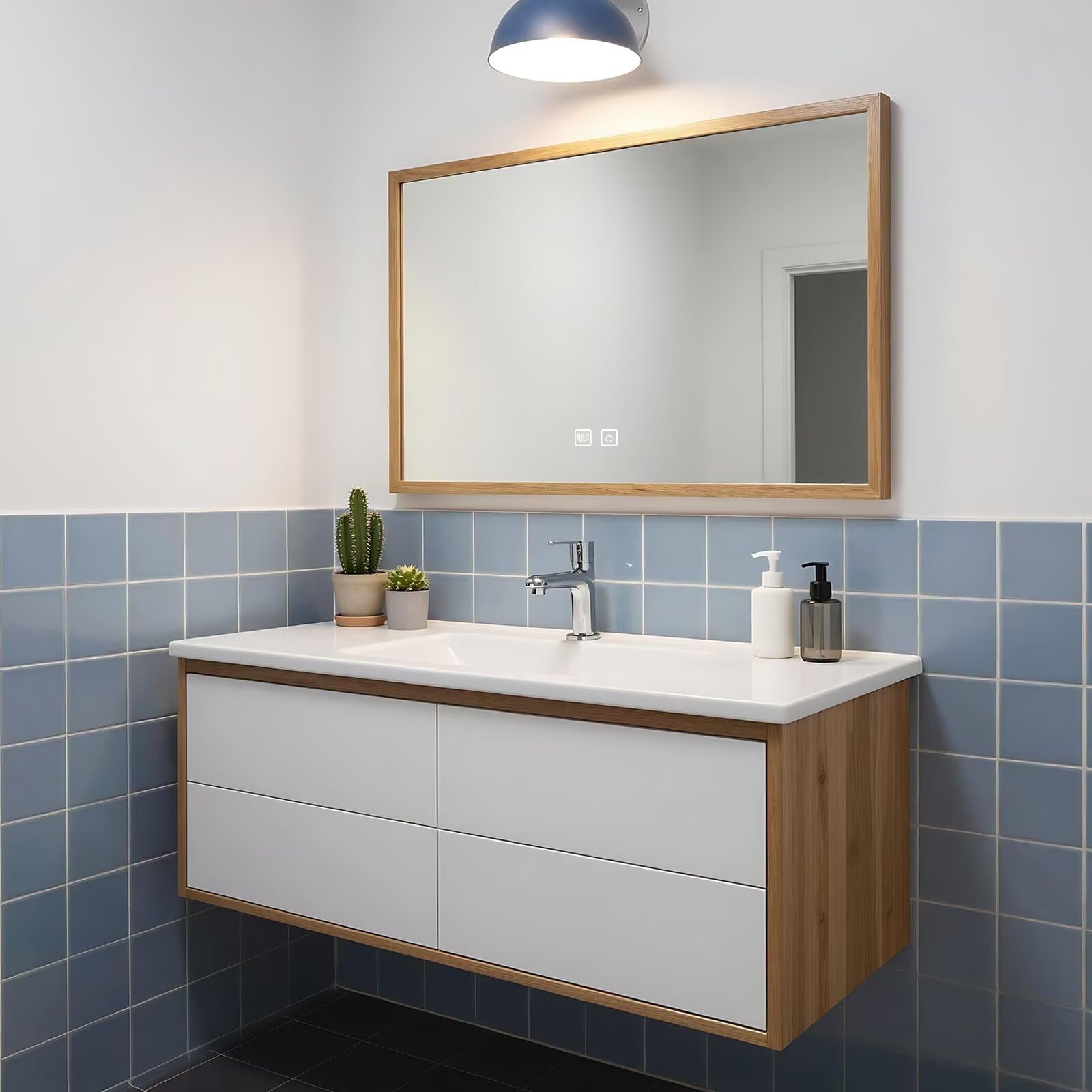 40”-64”Single Sink Floating Bathroom Vanity, Two-Tone White & Oak Cabinet with LED Mirror