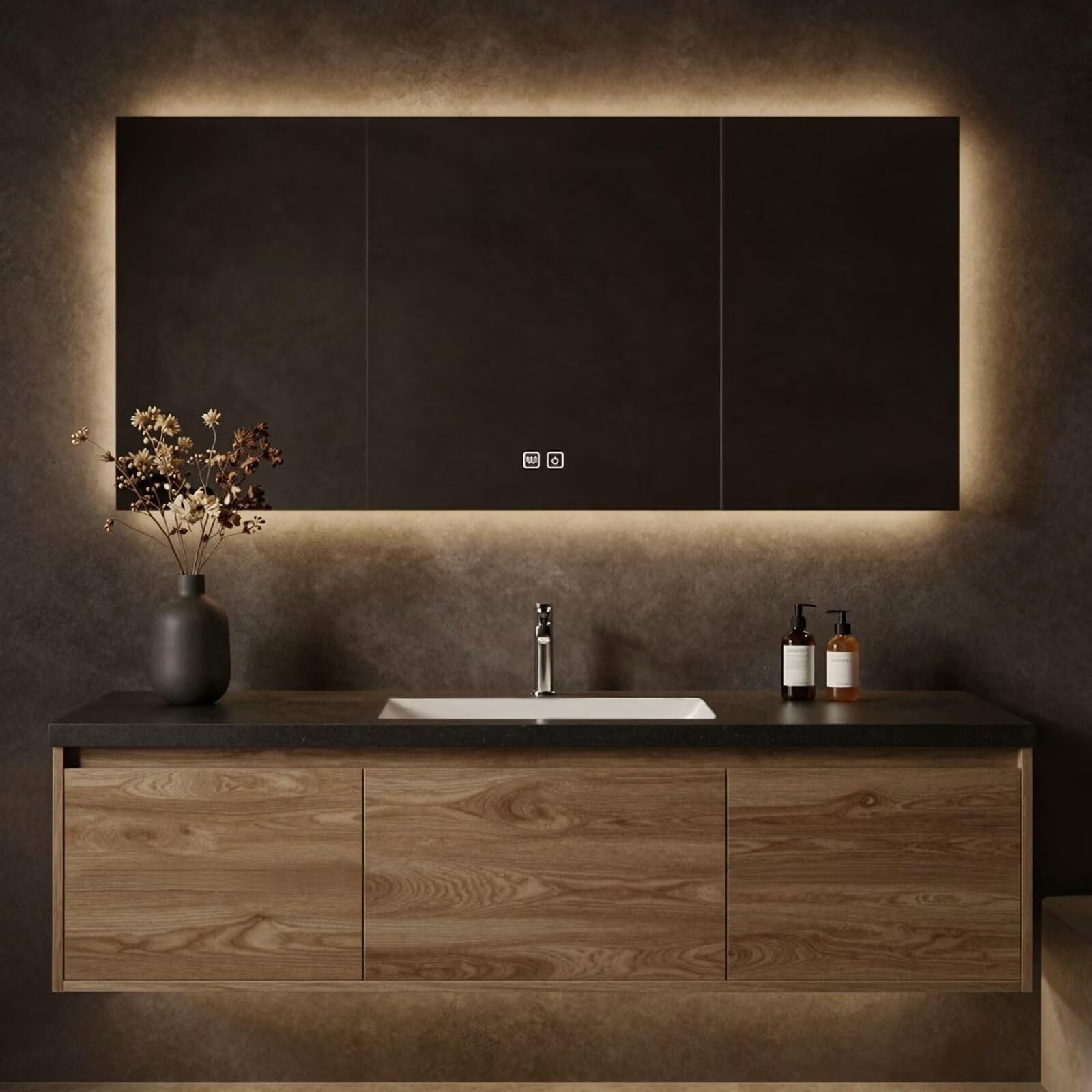 40”-64”Modern Bathroom Vanity - Brass Hardware, White Stone Top & Sleek Floating Design for Premium Bathroom Interiors