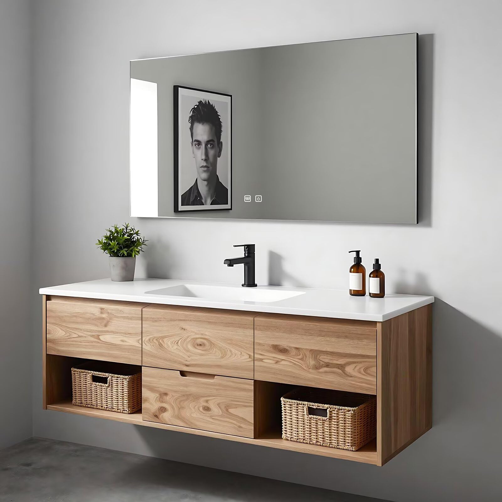 40”-64”Floating Bathroom Vanity with Sink & LED Defog Mirror, Wall Mounted Oak Wood Vanity with Storage Drawers, Modern Bathroom Cabinet