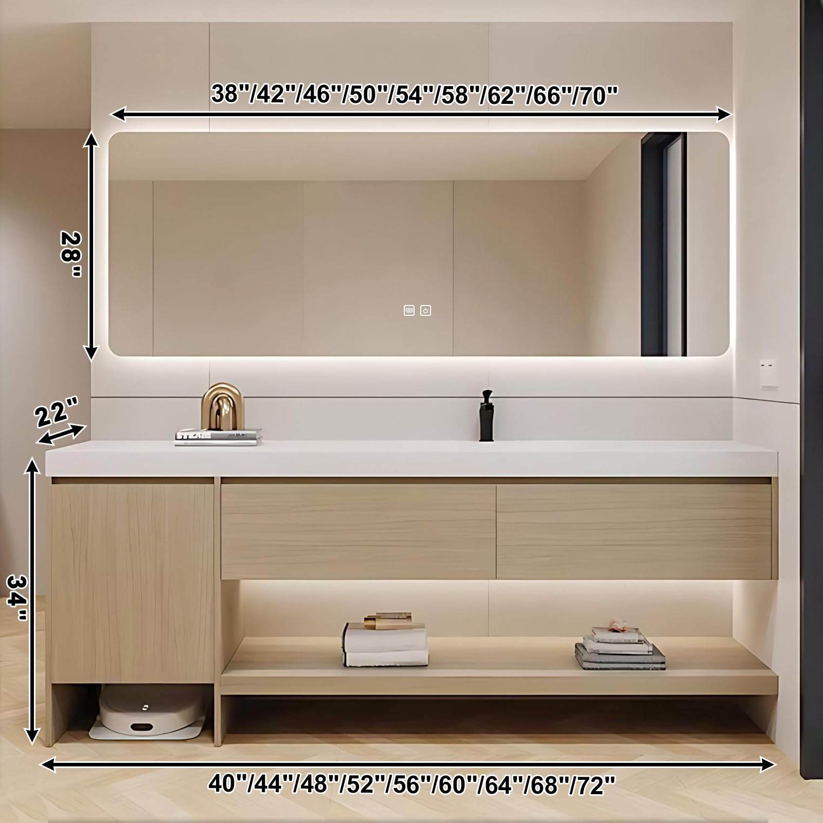 40”-72”Single Sink Floating Bathroom Vanity with LED Backlit Mirror, Light Oak Cabinet