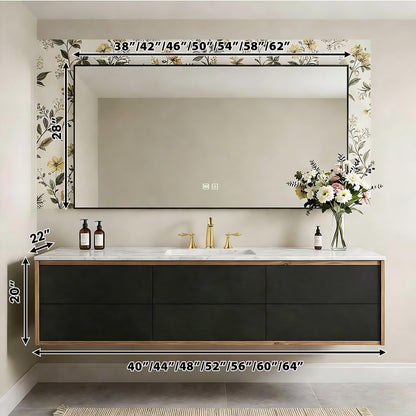40”-64”Double Sink Floating Bathroom Vanity, Light Oak Wall Mounted Vanity with White Marble Top & Gold Hardware