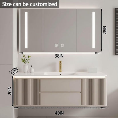 40"-64"Modern Cream Bathroom Vanity with Ribbed Front & Integrated Sink, LED Lighting