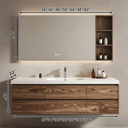 40”-64” Floating Double Sink Bathroom Vanity with LED Defog Mirror, Wall Mounted Wood Vanity Combo with Storage Drawers & Open Shelf