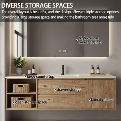 40"-64"Floating Oak Bathroom Vanity with Open Shelf & LED Backlit Mirror Cabinet