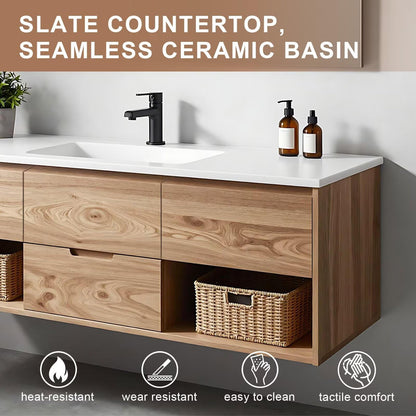 40”-64”Floating Bathroom Vanity with Sink & LED Defog Mirror, Wall Mounted Oak Wood Vanity with Storage Drawers, Modern Bathroom Cabinet