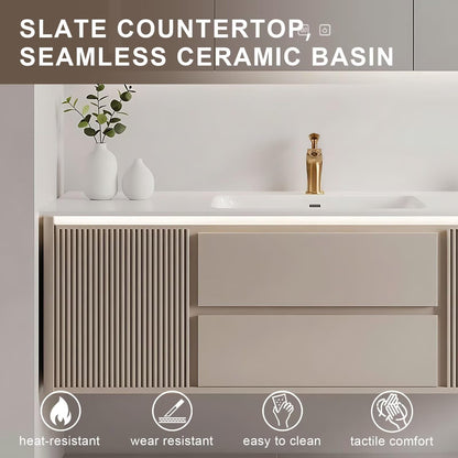 40”-64”Floating Bathroom Vanity with LED Mirror Cabinet, Fluted Light Gray Wall Mounted Vanity with White Top & Gold Hardware